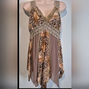 Vintage Y2K Pinky Brown Leopard Lace Trim Long Tank Top Women's Sz M  Boho